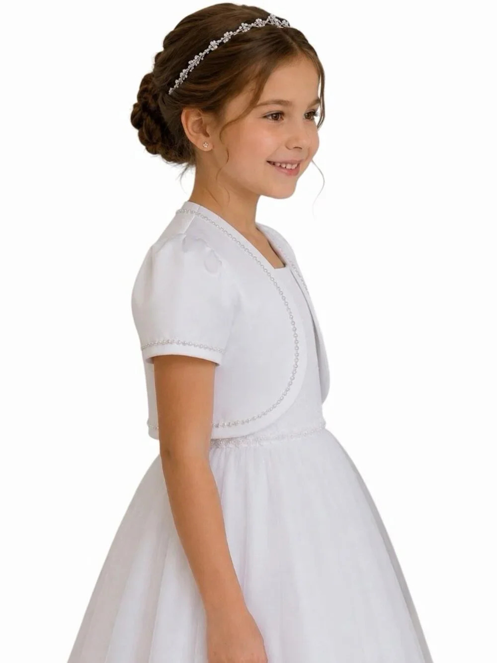 Girls White Satin Communion Bolero Jacket with Rhinestone Trim Size 8
